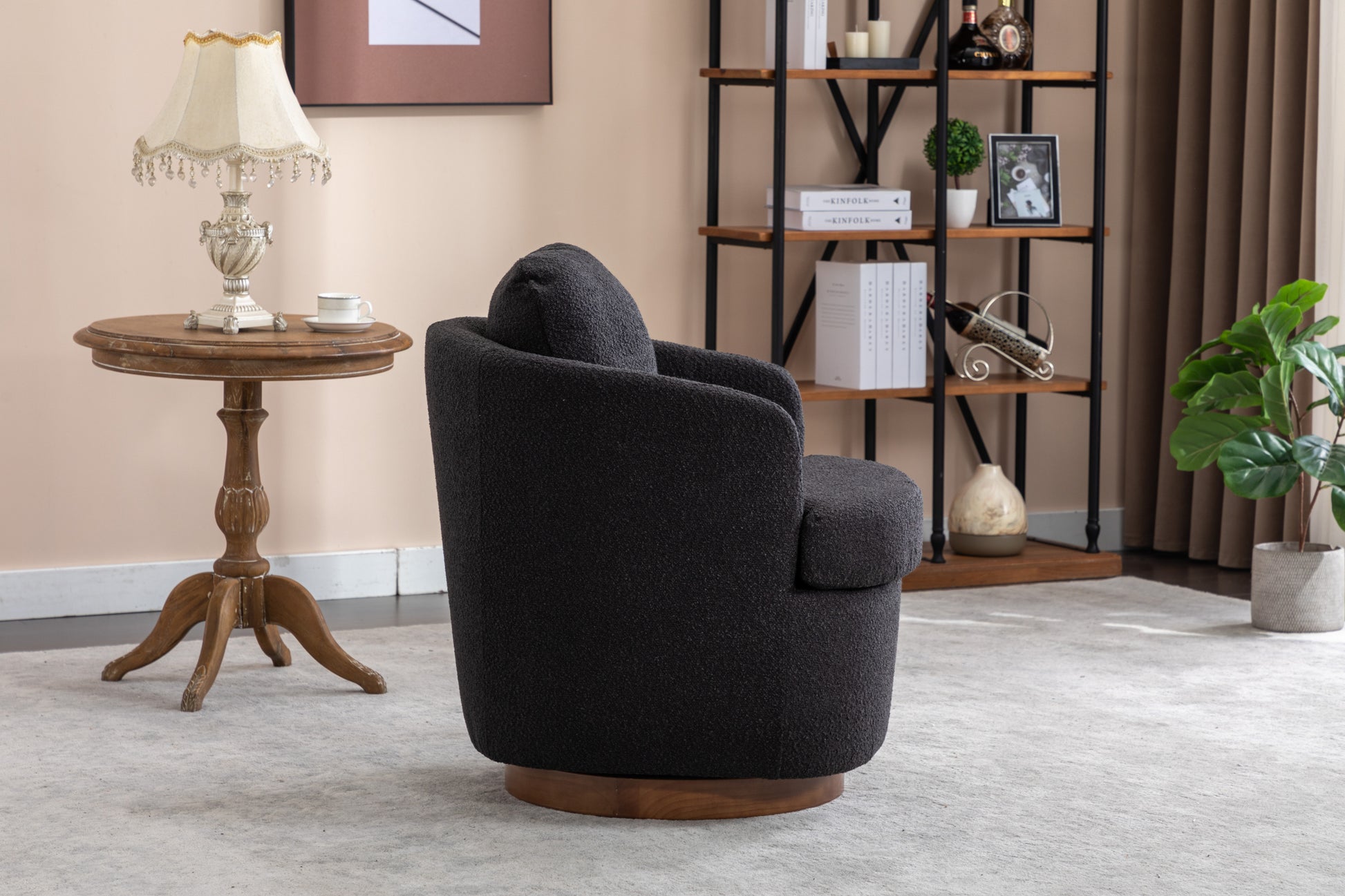 035-Boucle Fabric Swivel Accent Chair With Soild Wood Round Brown Base Leg,Black