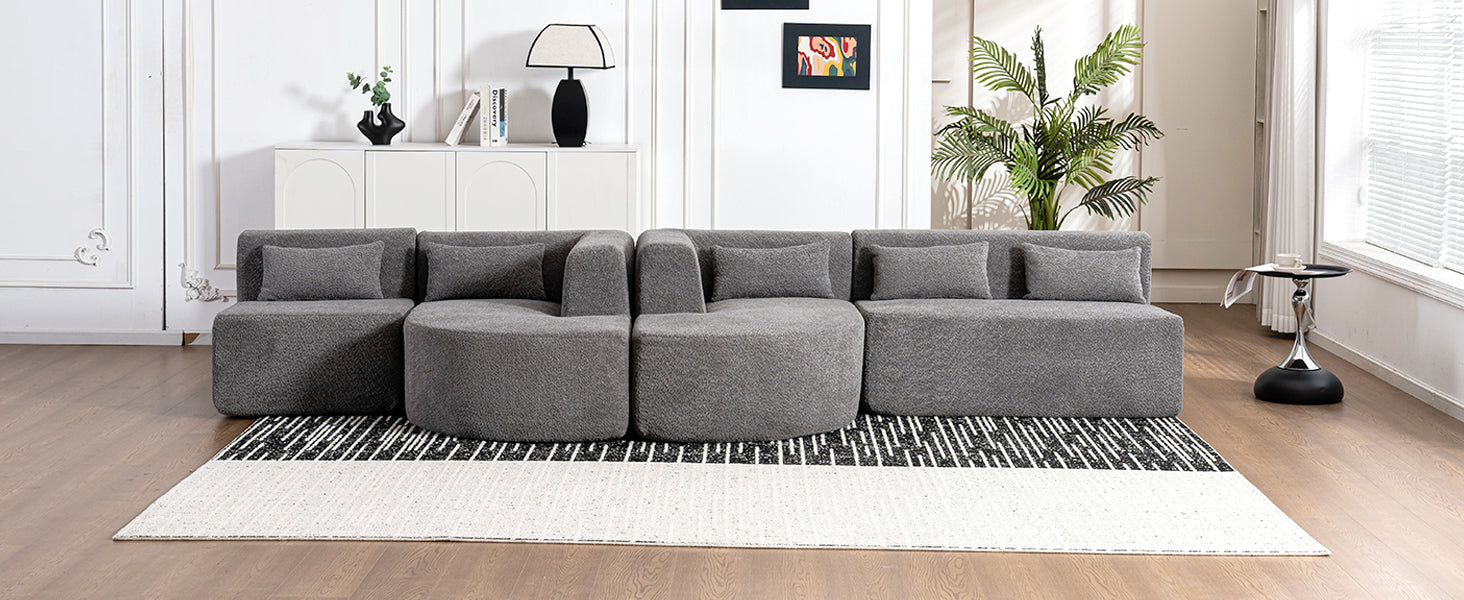 143.7" Upholstered Sofa Free-combined Sofa Couch with Two Chaise Lounge and Five Back Pillows for Living Room, Light Gray