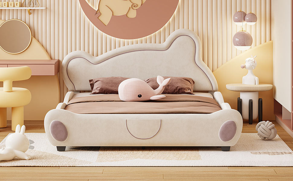 Queen Size Velvet Platform Bed with Bear-Shaped Headboard, with Drawers, with Bed-End Storage Pocket, Beige