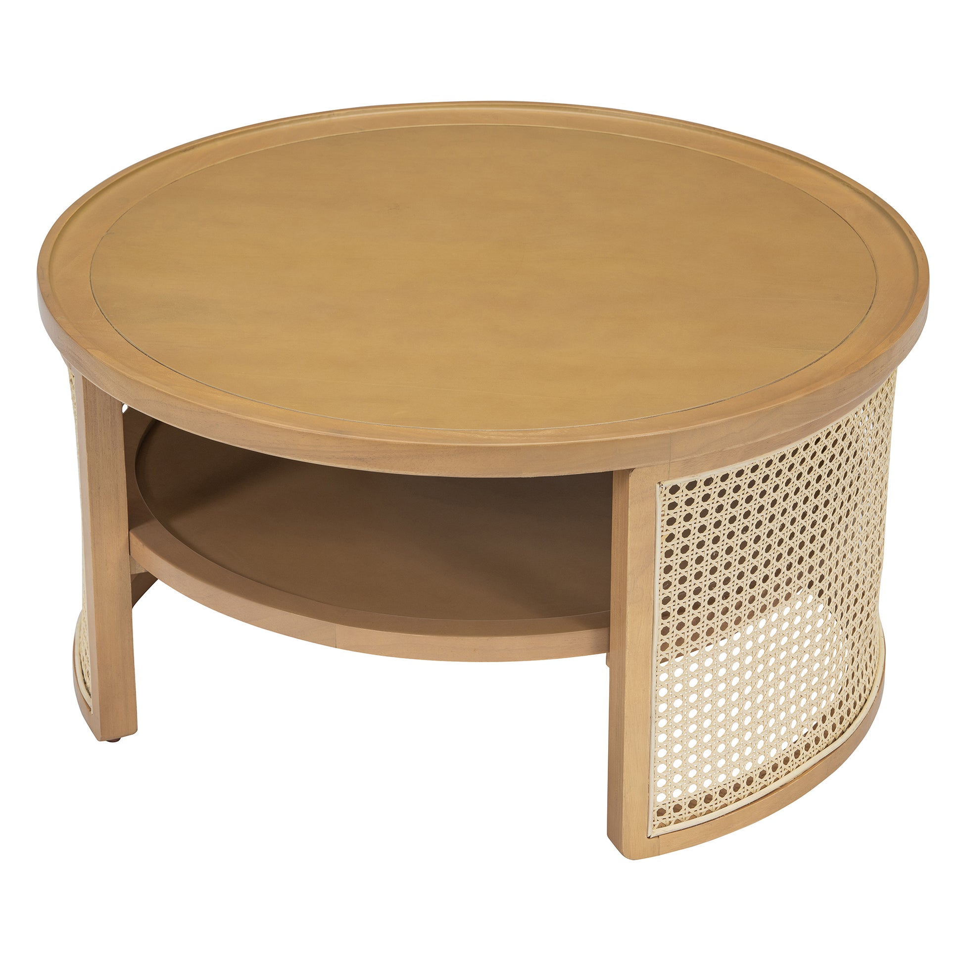 2-Tiered Round Natural Wood Coffee Table with Storage Rattan Base in 31.3''