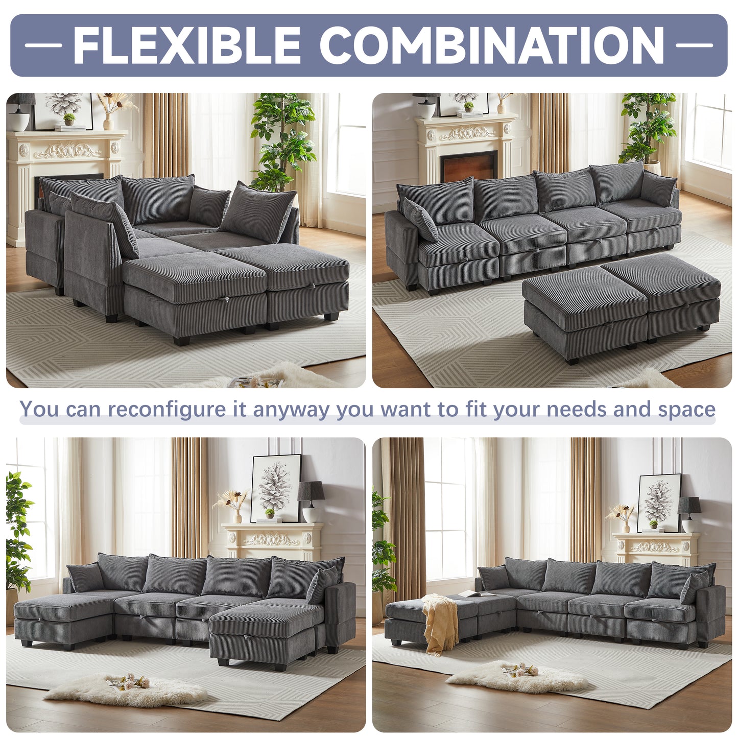 113.5'' Modular Sectiona Corduroy Sofa, Sectional Couches for Living Room U Shaped Sectional Couch with Storage Ottoman, 6 Seats Convertible Sectionals with Chaise