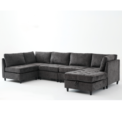 [NEW ARRIVED] [VIDEO PROVIDED]   Modular Sectional Couch with Storage Ottoman, U Shaped Sofa, Storage Ottoman,Minimalist ,Convertible Modular Sofa,Chenille ,Upholstered,6 Seat,Living Room,  Dark  Gray