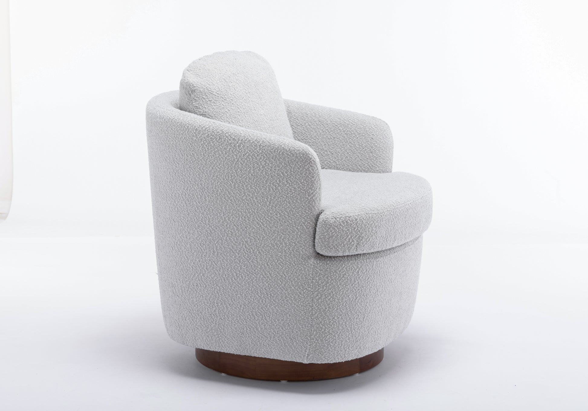 035-Boucle Fabric Swivel Accent Chair With Soild Wood Round Brown Base Leg,Light Gray