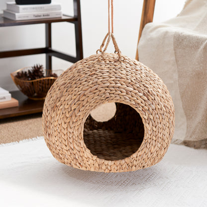 Gertrude Water Hyacinth Woven Wicker Round Cat Bed Cave with Handles - 18" x 18" x 18" - For Any Size Cat Breeds, Chihuahua and Use with Cat Tower