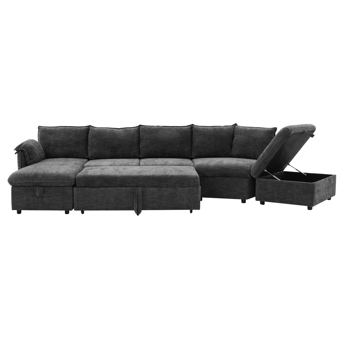 146.9" L-shaped Sofa Sectional Sofa Couch Pull-out Sofa Bed with a Movable Storage Ottoman, a Storage Chaise Lounge and Two USB Ports for Living Room, Grey