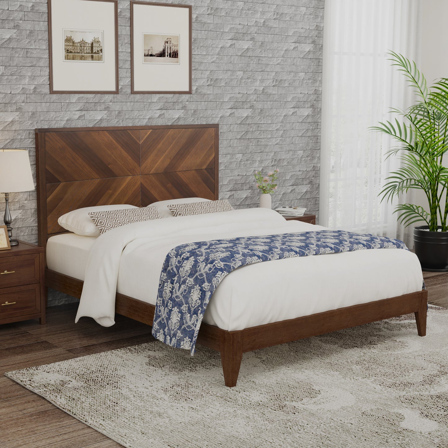 Mid-Century Modern Platform Bed Wood Slat Support with No Box Spring Needed,King Walnut