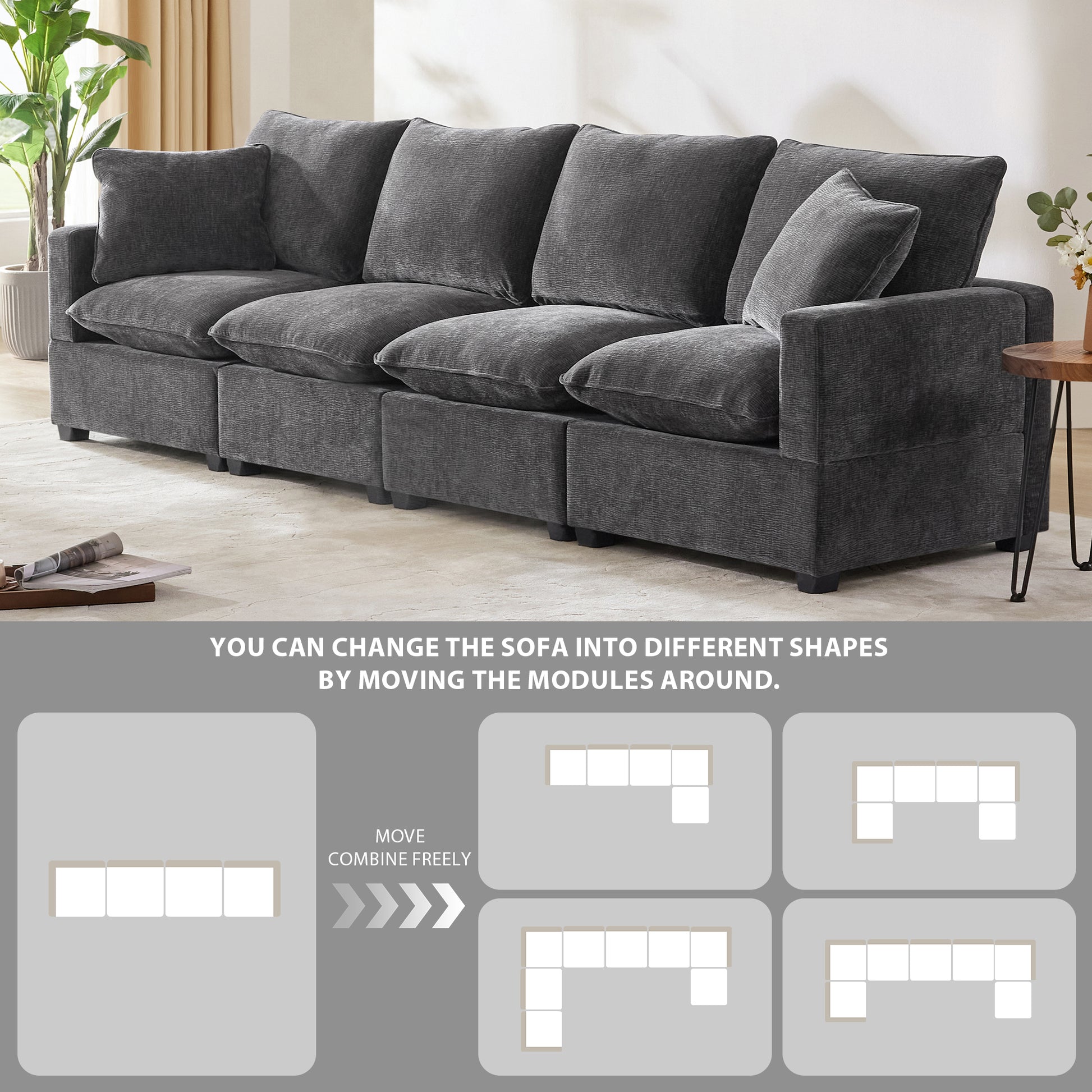 [VIDEO provided] [New] 110*29" Modern Modular Sofa, 4 Seat Chenille Sectional Couch Set with 2 Pillows Included, Freely Combinable Indoor Funiture for Living Room, Apartment, Office, 2 Colors