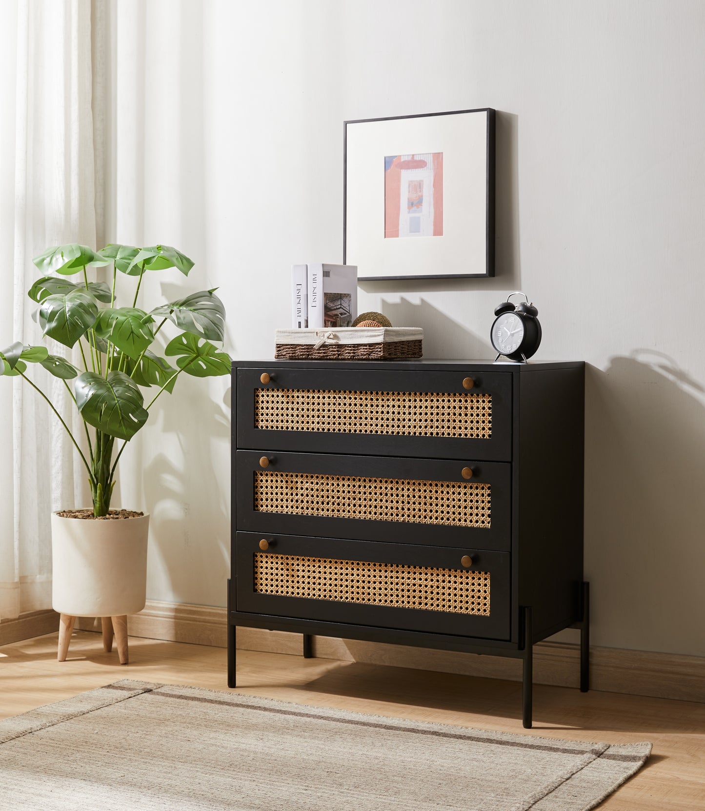 Yara Rattan Mid Century Modern Nightstand, Bedside Table