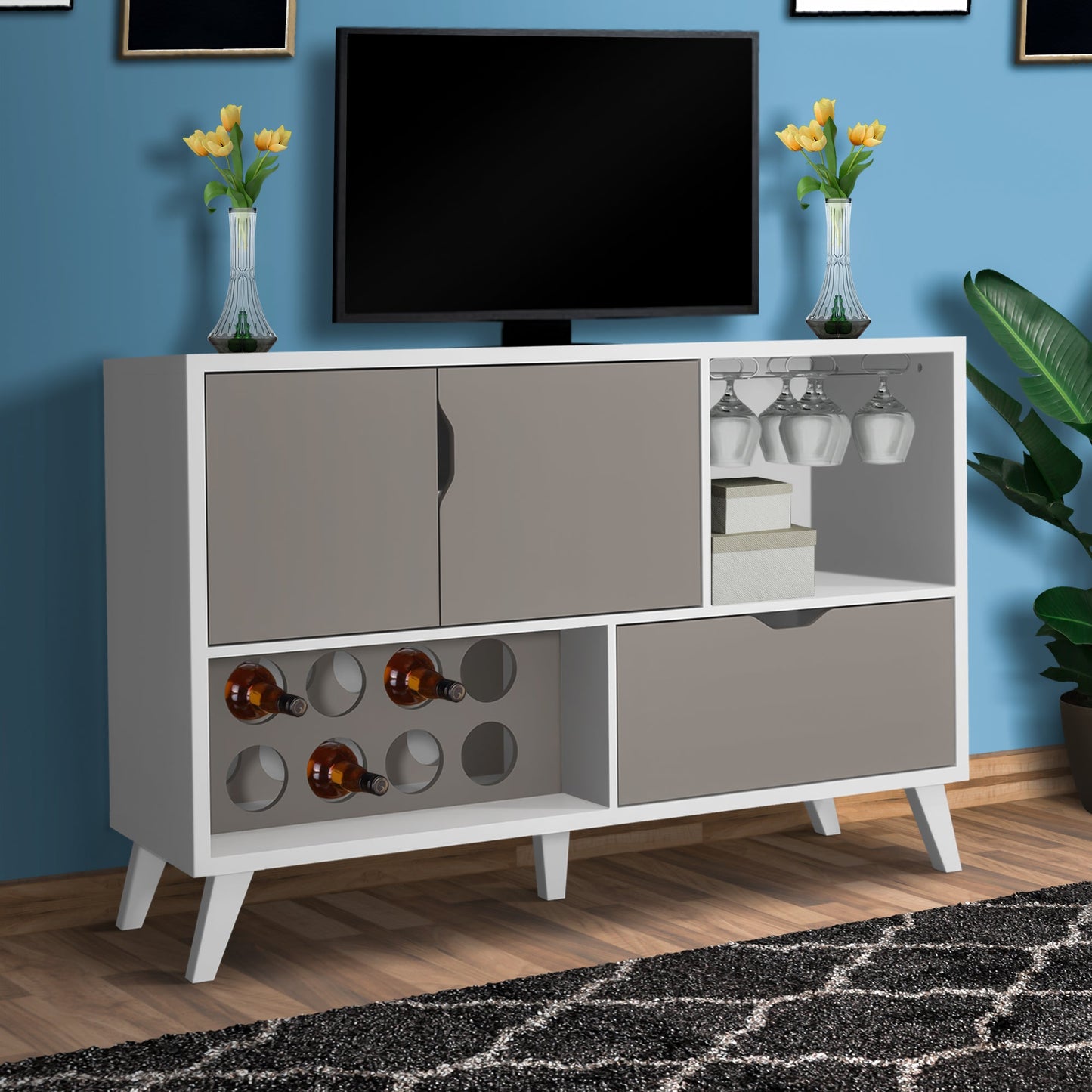 54 Inch 2 Door Wine Bar Cabinet TV Entertainment Console, Wine Rack, 1 Drawer, White, Gray - Groovy Boardz