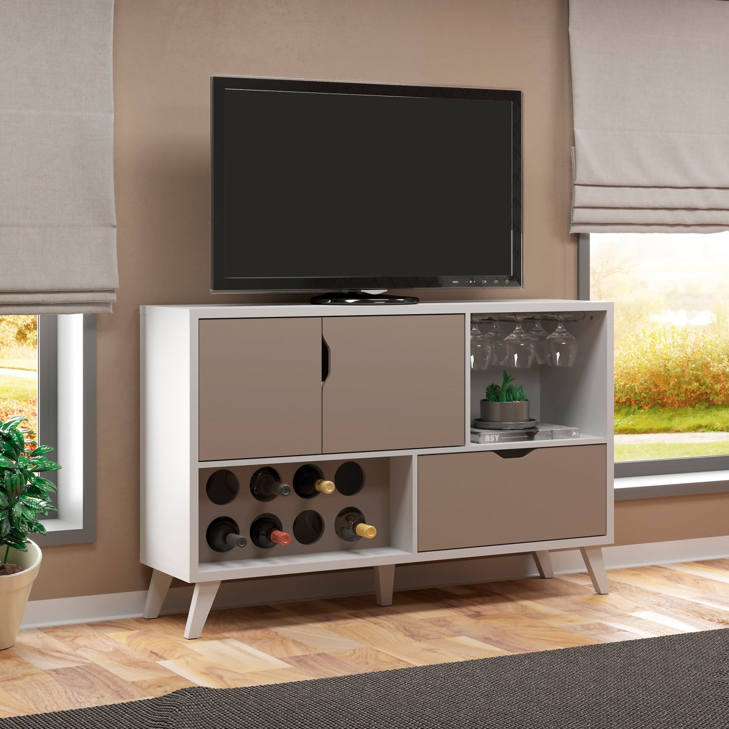 54 Inch 2 Door Wine Bar Cabinet TV Entertainment Console, Wine Rack, 1 Drawer, White, Gray - Groovy Boardz