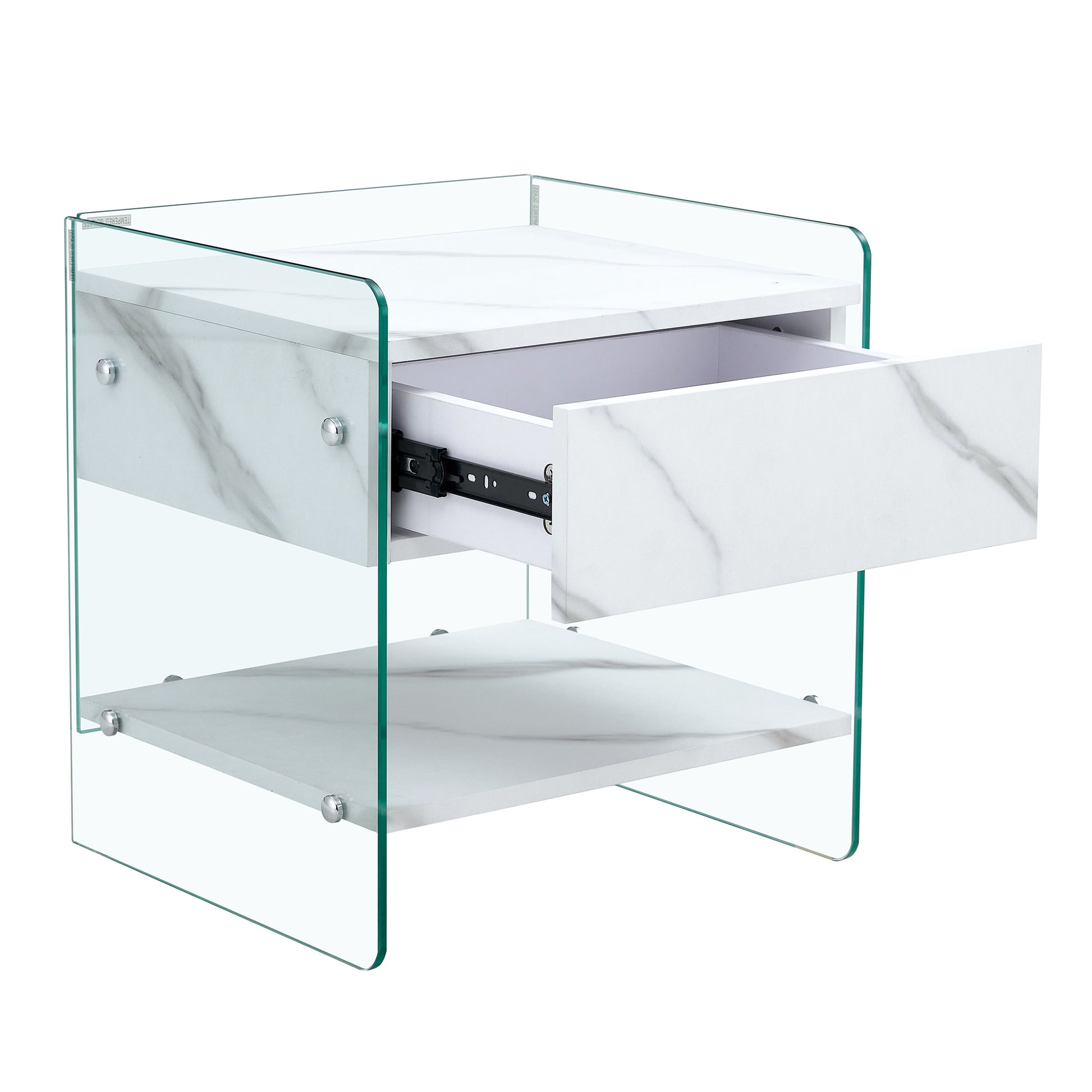 Bedside table with drawers. The board surface is MDF sticker, and both sides are transparent tempered glass. The design is simple and elegant, with excellent storage functions.