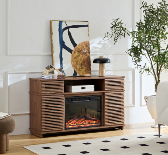 W9990-1The whole cabinet is made of walnut solid wood board, the middle layer board on both sides of the cabinet can be adjusted, and the furnace is embedded in the middle grid with the remote control