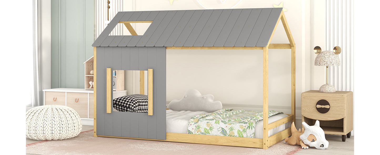 Twin Size House Bed with Roof and Window - Gray+Natural (Old SKU: WF296897AAD)