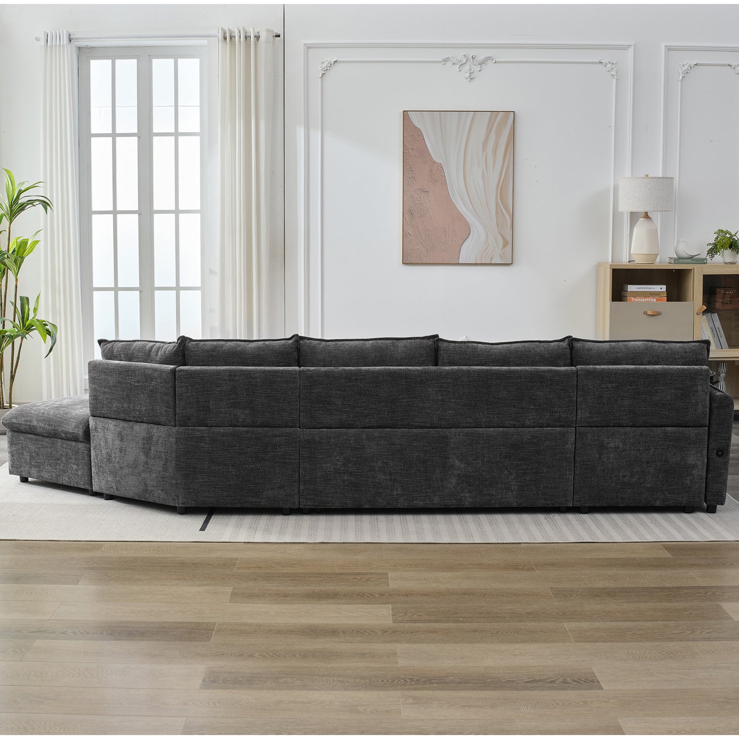 146.9" L-shaped Sofa Sectional Sofa Couch Pull-out Sofa Bed with a Movable Storage Ottoman, a Storage Chaise Lounge and Two USB Ports for Living Room, Grey