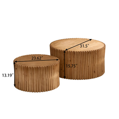 Vintage Fashion Style Cylindrical Nesting Coffee Table Set with Vertical Textured Embossed Design for Living Room, Office and Dining Room, Natural (Set of 2)