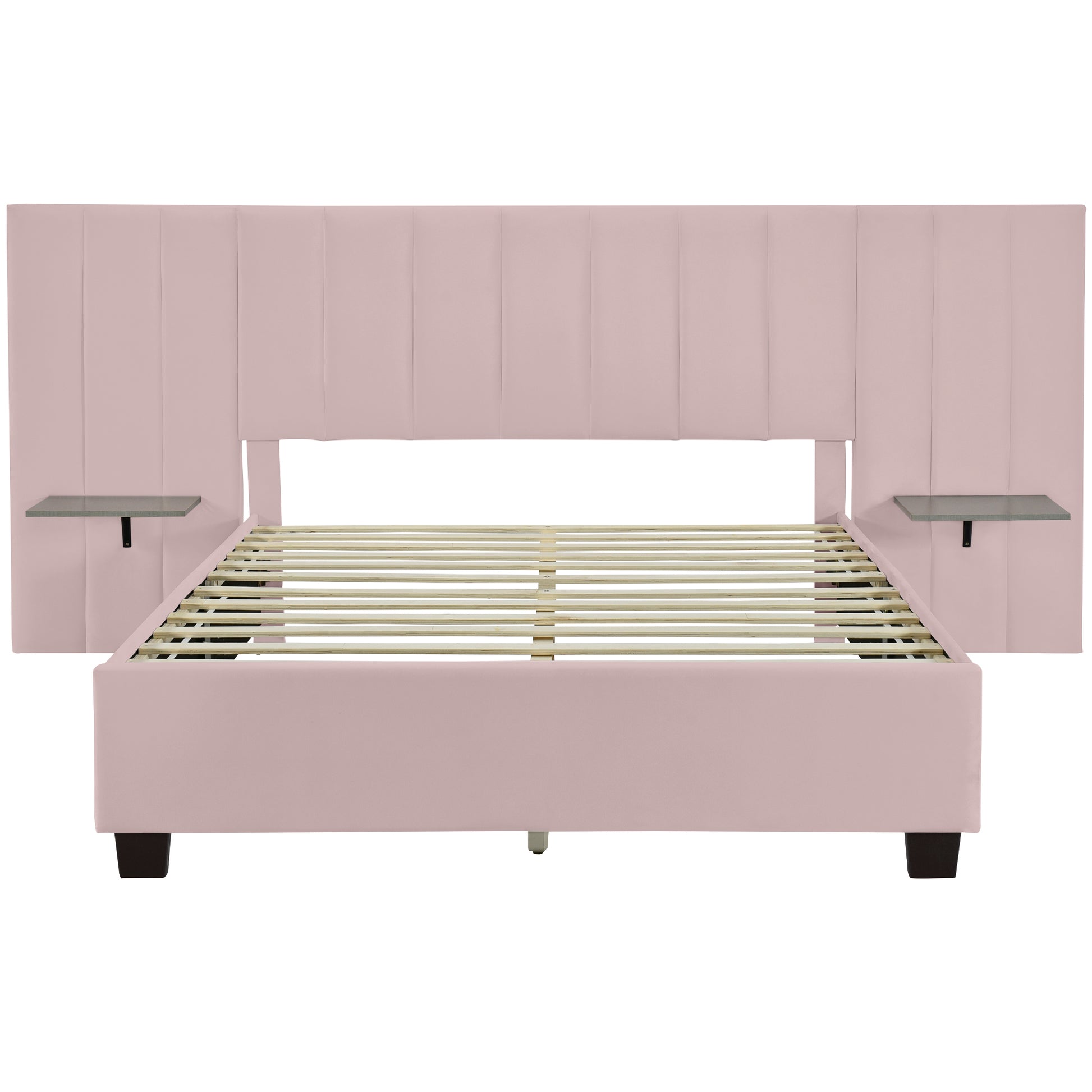 Queen Size Upholstered Platform Bed with Big Headboard, Bedroom Furniture, Velvet, Pink