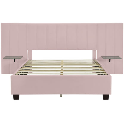 Queen Size Upholstered Platform Bed with Big Headboard, Bedroom Furniture, Velvet, Pink