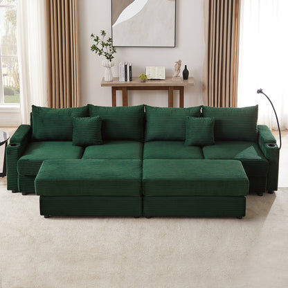 123.2" Modern Style 4-seater Sofa Sectional Sofa Couch with Storage Space, Two Movable Ottomans, Two USB Ports, Two Cup Holders, A Phone Holder for Living Room, Green