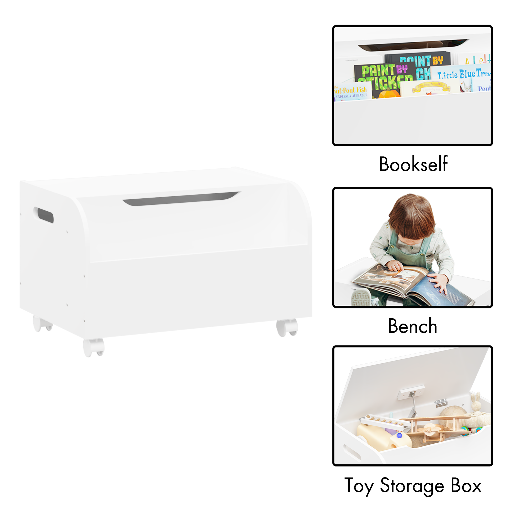 Wooden Toy Box with 4 Universal Wheels, Kids Toy Storage Organizer with Front Bookshelf, Flip-Top Lid, Safety Hinge, Boys Girls Toy Chest Bench for Playroom Kids Room Organization (White)