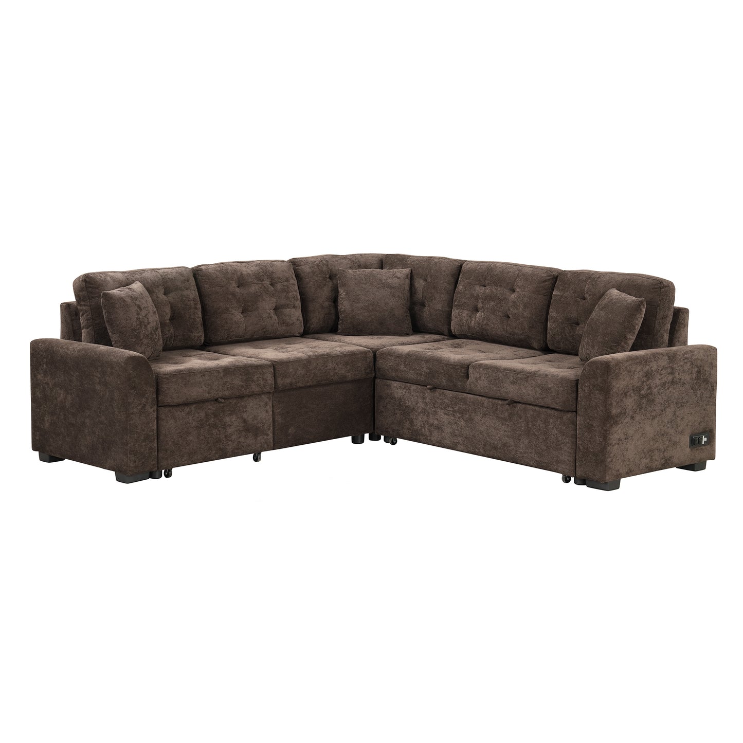 82.6" L-shape Sofa Bed Pull-out Sleeper Sofa with Wheels, USB Ports, Power Sockets for Living Room, Brown