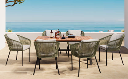 GO 7 Pieces Patio Dining Set, All-Weather Outdoor Furniture Set with Dining Table and Chairs, Acacia Wood Tabletop, Metal Frame, for for Garden, Backyard, Balcony, Green