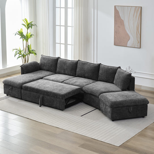 146.9" L-shaped Sofa Sectional Sofa Couch Pull-out Sofa Bed with a Movable Storage Ottoman, a Storage Chaise Lounge and Two USB Ports for Living Room, Grey