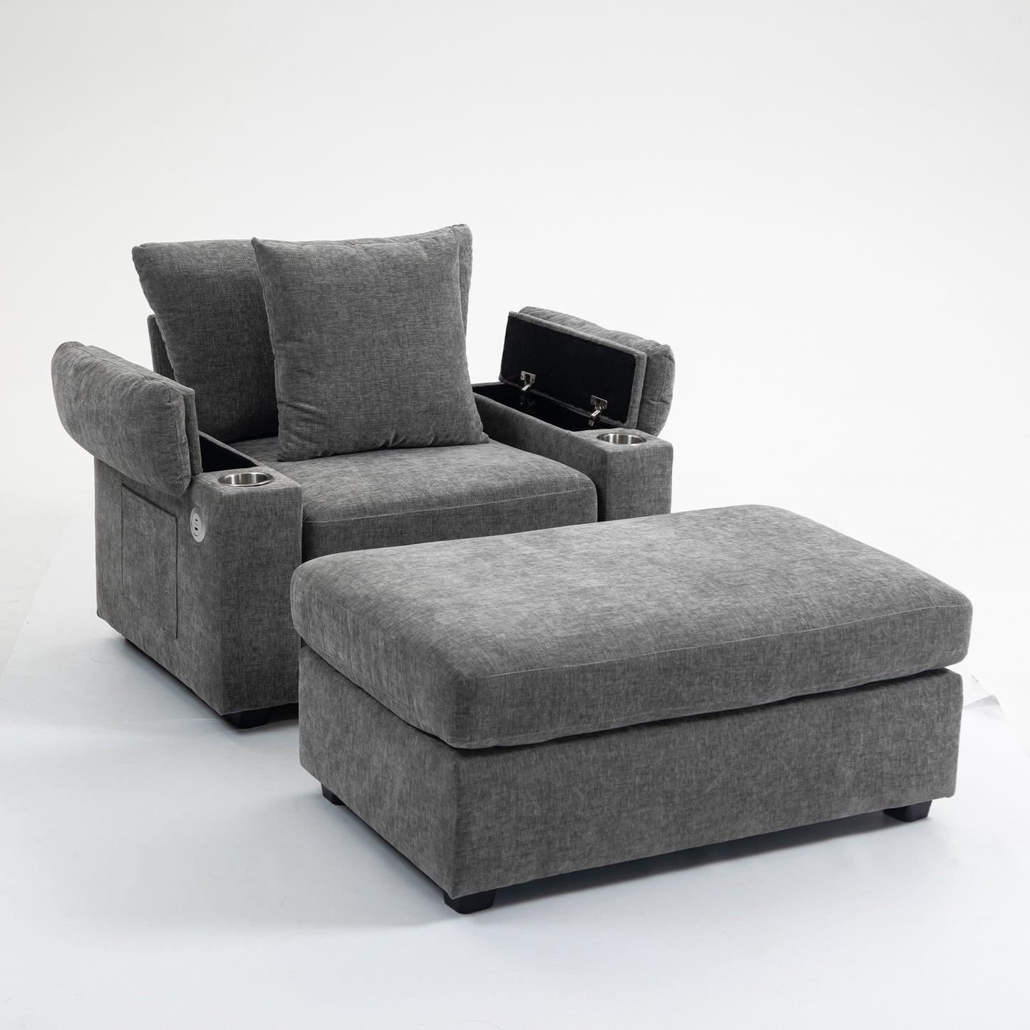 Modern Oversized Chair with Ottoman,Chenille Fabric Sofa Bed,Accent Chair Comfy Sofa with Cupholders and USB Charging Ports Chair for Living Room,Bedroom,Apartment