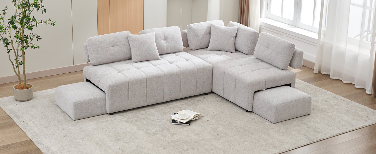 91.73" L-shaped Sofa Sectional Sofa Couch with 2 Stools and 2 Lumbar Pillows for Living Room, Light Grey