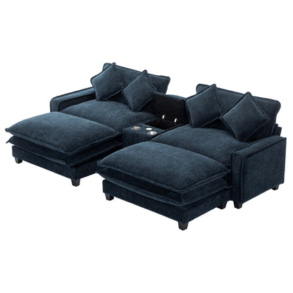 112.6" Sectional Sofa Chenille Upholstered Sofa with Two Removable Ottoman, Two USB Ports, Two Cup Holders and Large Storage Box for Living Room, Blue