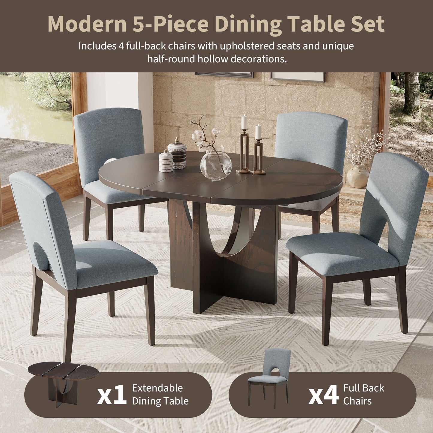 TOPMAX Modern 5-Piece Extendable Round Dining Table Set with 16.2inch Removable Leaf for Small Places, Espresso+Gray