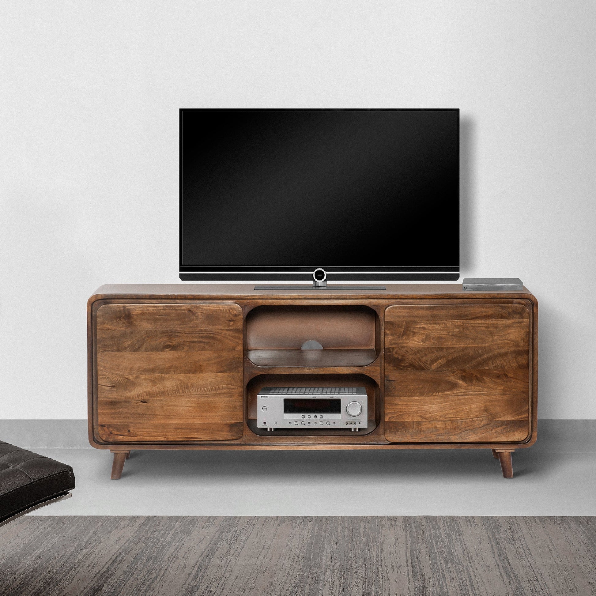 55 Inch TV Media Entertainment Center Console, Mango Wood, 2 Doors, Warm Brown - Groovy Boardz