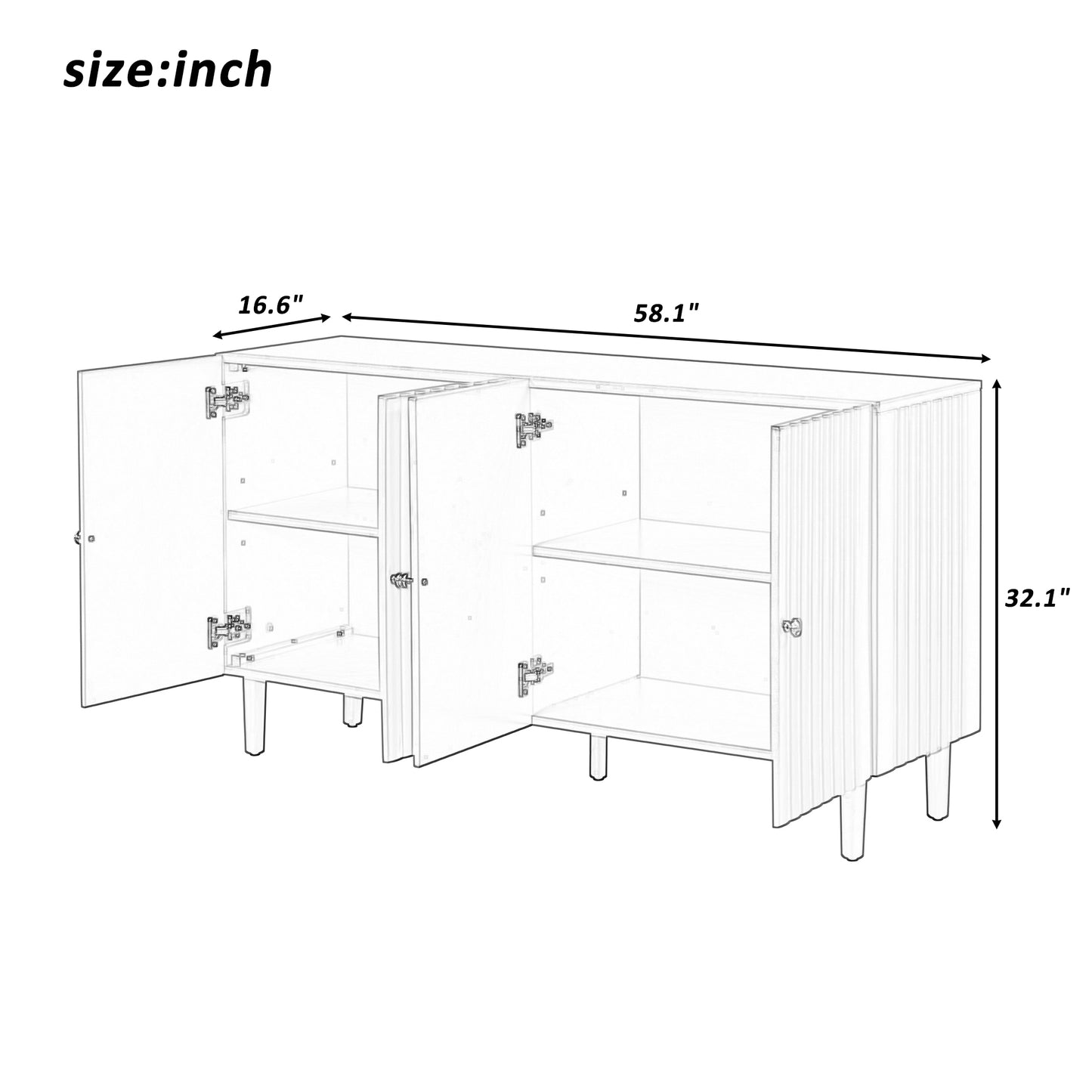 U_STYLE Elegant Four-Door Sideboard with Wavy Pattern Doors, Cylindrical Legs, and Sleek Metal Handles, Adjustable, Suitable for Study, Entryway and Living Room