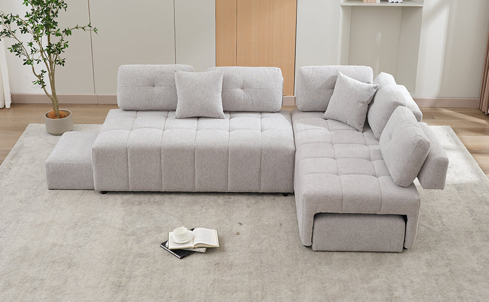 91.73" L-shaped Sofa Sectional Sofa Couch with 2 Stools and 2 Lumbar Pillows for Living Room, Light Grey