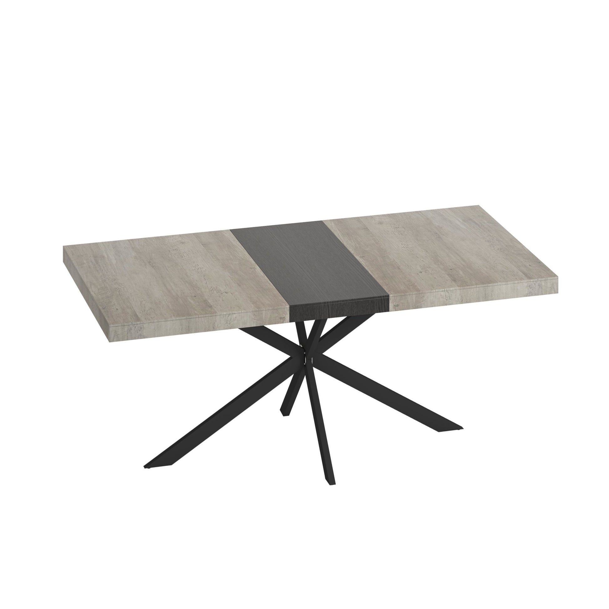 55.11'' -70.86"Retro Rectangular Stretch Dining Table, Grey Carole Top With Black Embossed Center Plate, Black Fine Sand Cross Iron Foot Base Dining Table, With Storage Box. - Groovy Boardz