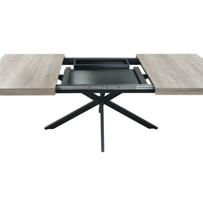 55.11'' -70.86"Retro Rectangular Stretch Dining Table, Grey Carole Top With Black Embossed Center Plate, Black Fine Sand Cross Iron Foot Base Dining Table, With Storage Box. - Groovy Boardz