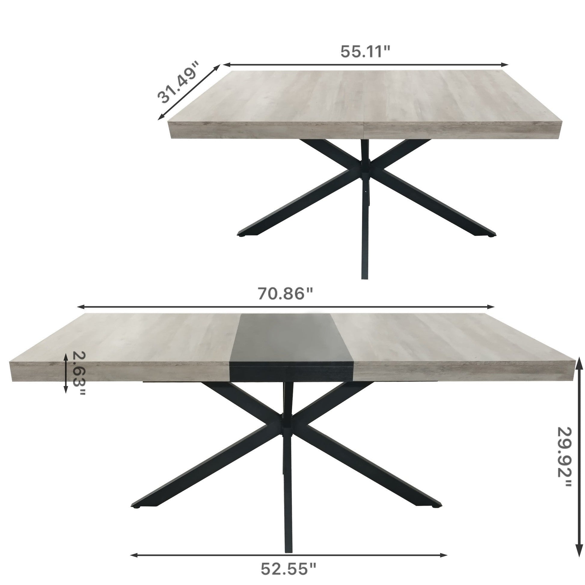 55.11'' -70.86"Retro Rectangular Stretch Dining Table, Grey Carole Top With Black Embossed Center Plate, Black Fine Sand Cross Iron Foot Base Dining Table, With Storage Box. - Groovy Boardz