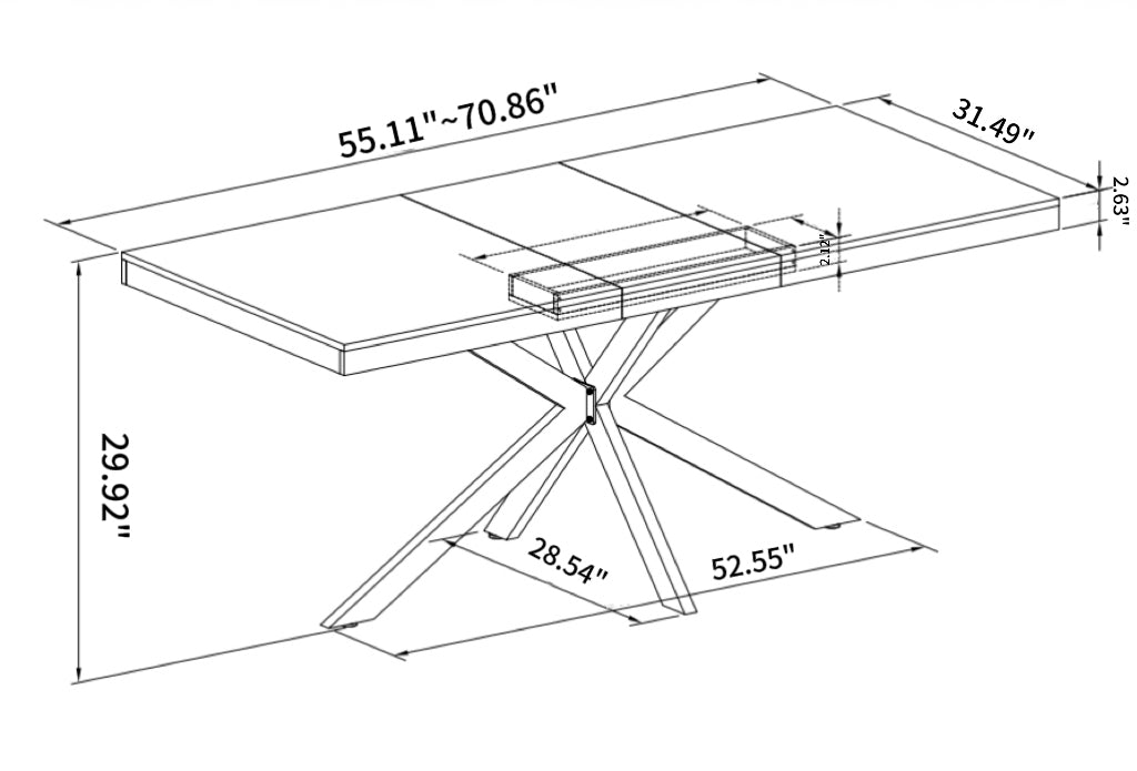 55.11'' -70.86"Retro Rectangular Stretch Dining Table, Grey Carole Top With Black Embossed Center Plate, Black Fine Sand Cross Iron Foot Base Dining Table, With Storage Box. - Groovy Boardz