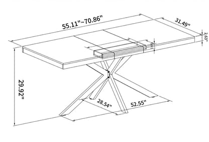 55.11'' -70.86"Retro Rectangular Stretch Dining Table, Grey Carole Top With Black Embossed Center Plate, Black Fine Sand Cross Iron Foot Base Dining Table, With Storage Box. - Groovy Boardz