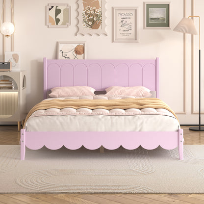 Queen Size Wood Platform Bed Frame, Retro Style  Bed with Rectangular Headboard,No Need Box Spring,Pink