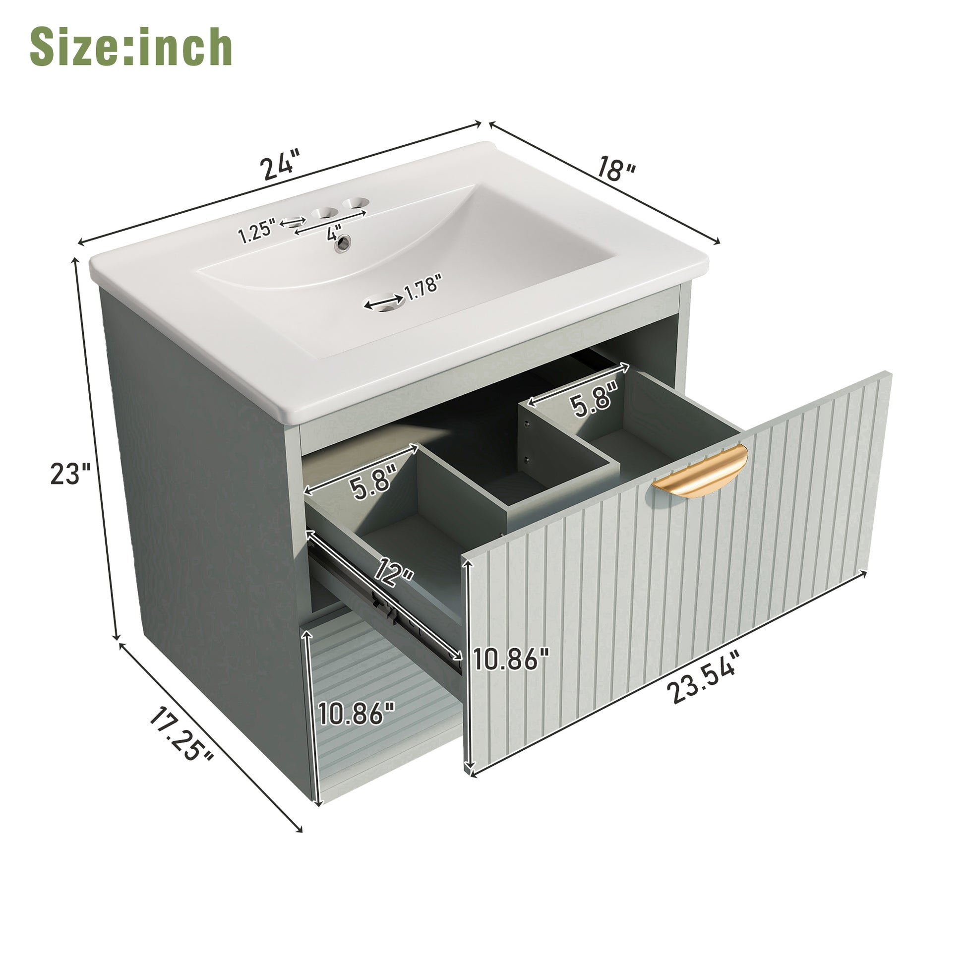 Modern 24-Inch Wall-Mounted Bathroom vanity with 2 Drawers, Green - Ideal for Small Bathrooms