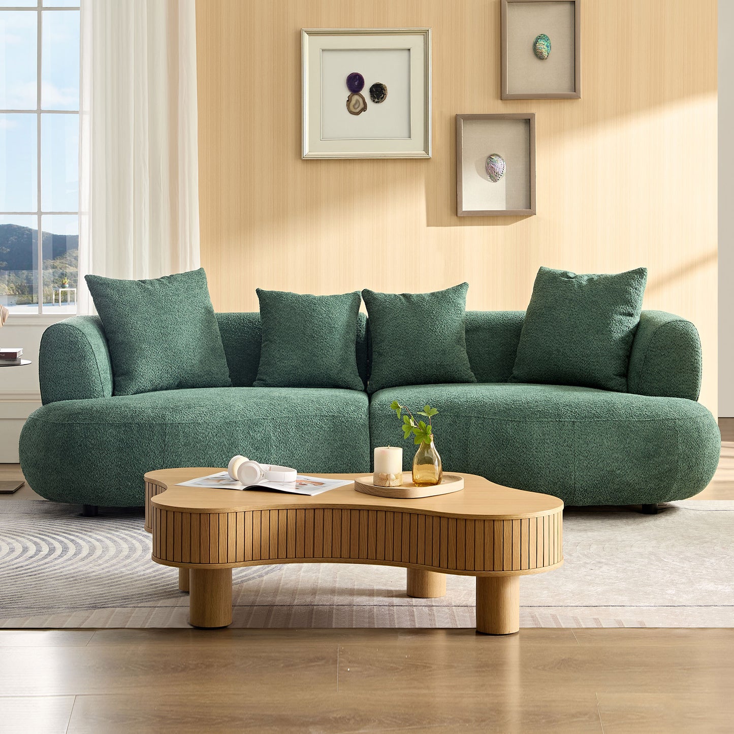 102.36 inch Mid Century Modern Sectional Curved Sofa Couch, Comfy Sofa for Living Room,Upholstered 4-Seat Sofa Boucle Fabric Cream Style Couch for Apartment,Green