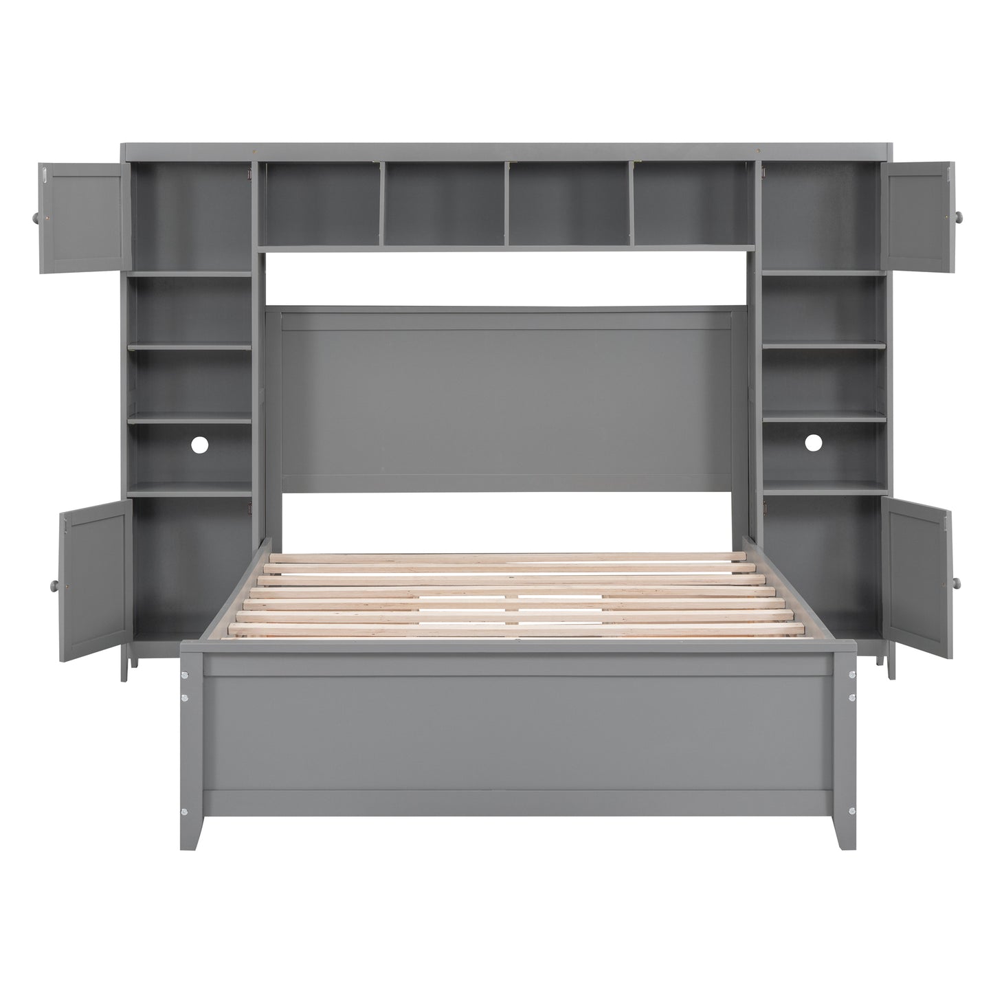 Full Size Wooden Bed With All-in-One Cabinet and Shelf, Gray