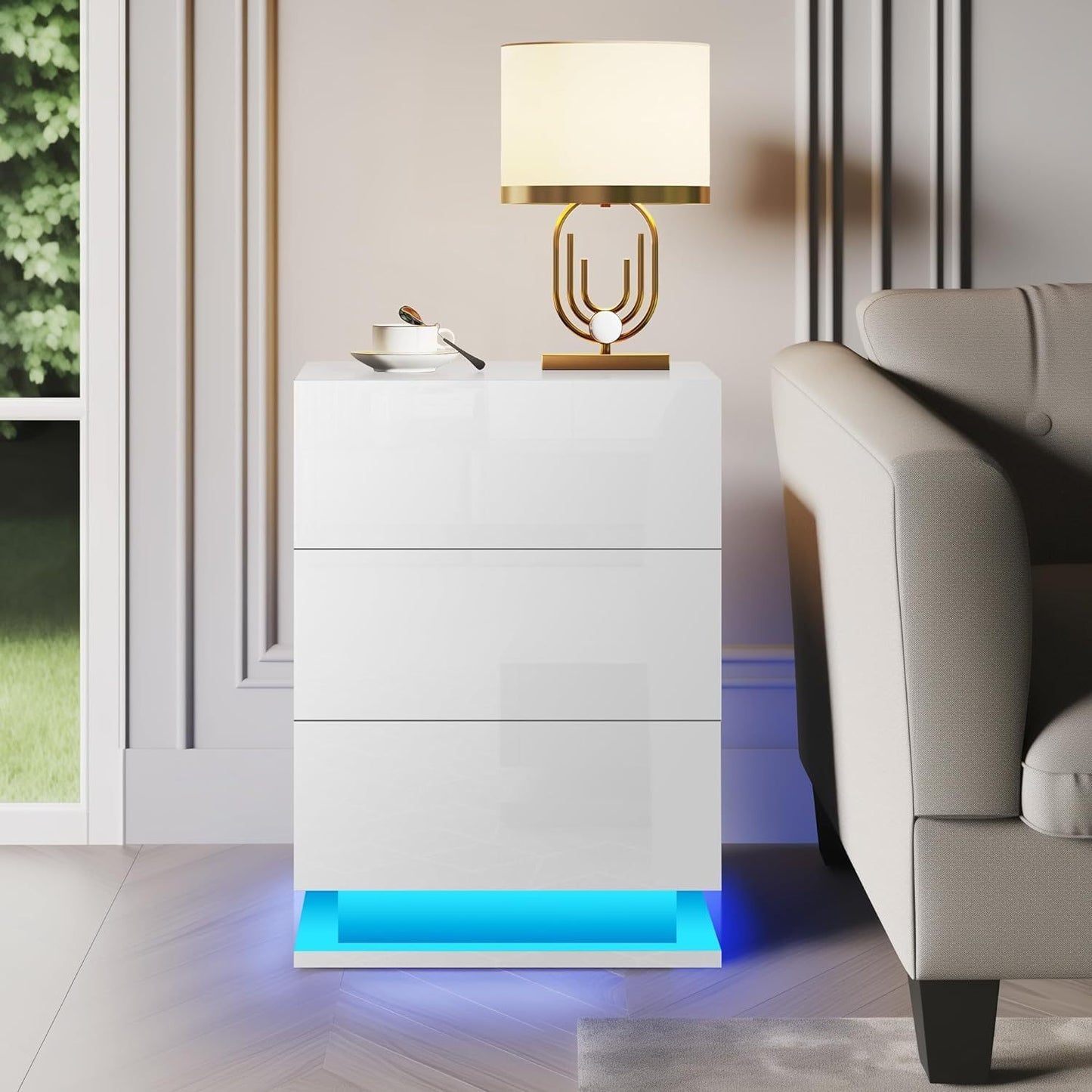 LED Nightstand with 3 drawers,White bedside Table ,Modern End Side Table for Bedroom