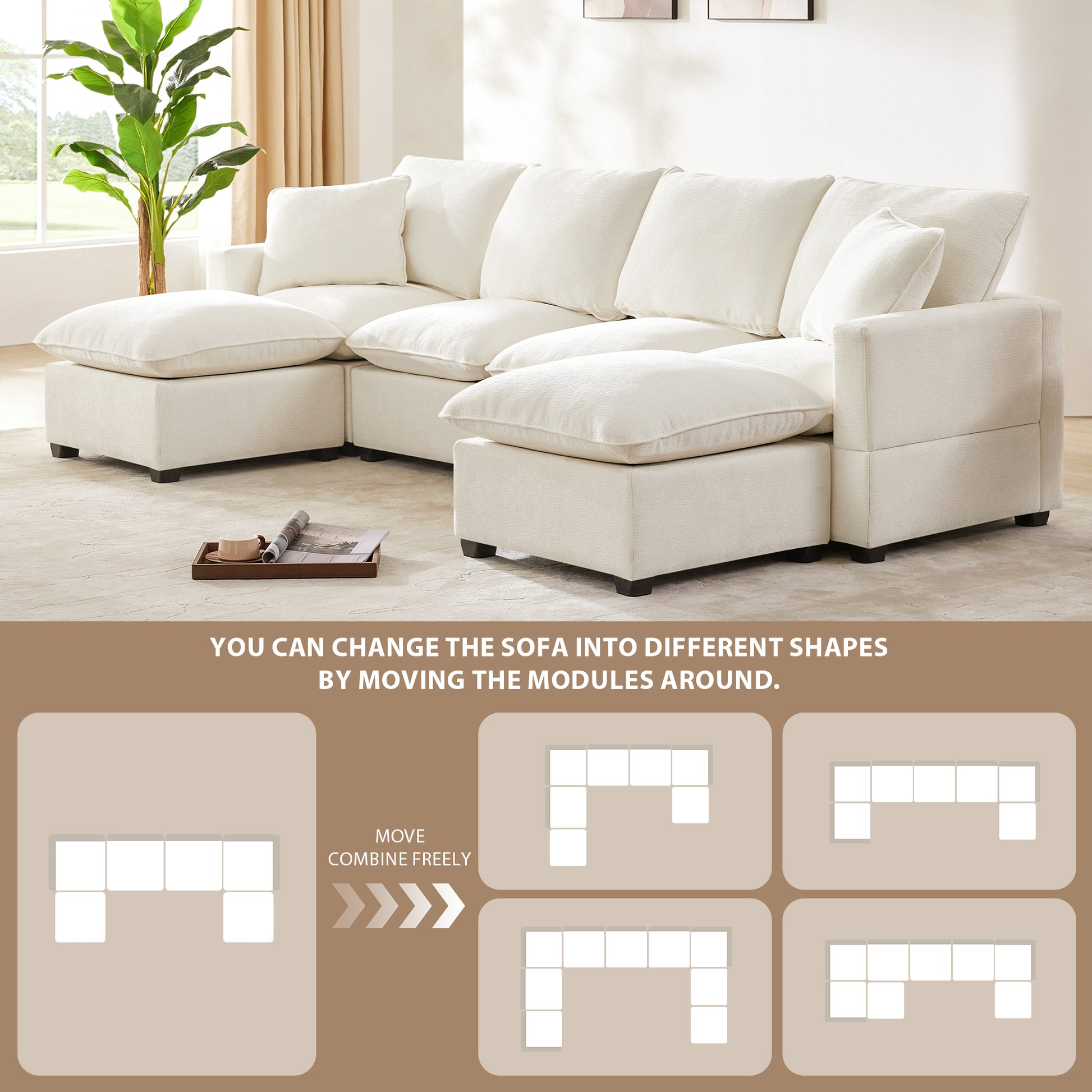 [VIDEO provided] [New] 110*57" Modern U Shape Modular Sofa, 6 Seat Chenille Sectional Couch Set with 2 Pillows Included, Freely Combinable Indoor Funiture for Living Room, Apartment, Office, 2 Colors