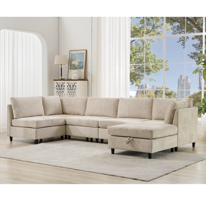 [NEW ARRIVED] [VIDEO PROVIDED]   Modular Sectional Couch with Storage Ottoman, U Shaped Sofa, Storage Ottoman,Minimalist ,Convertible Modular Sofa,Chenille ,Upholstered,6 Seat,Living Room,  Beige