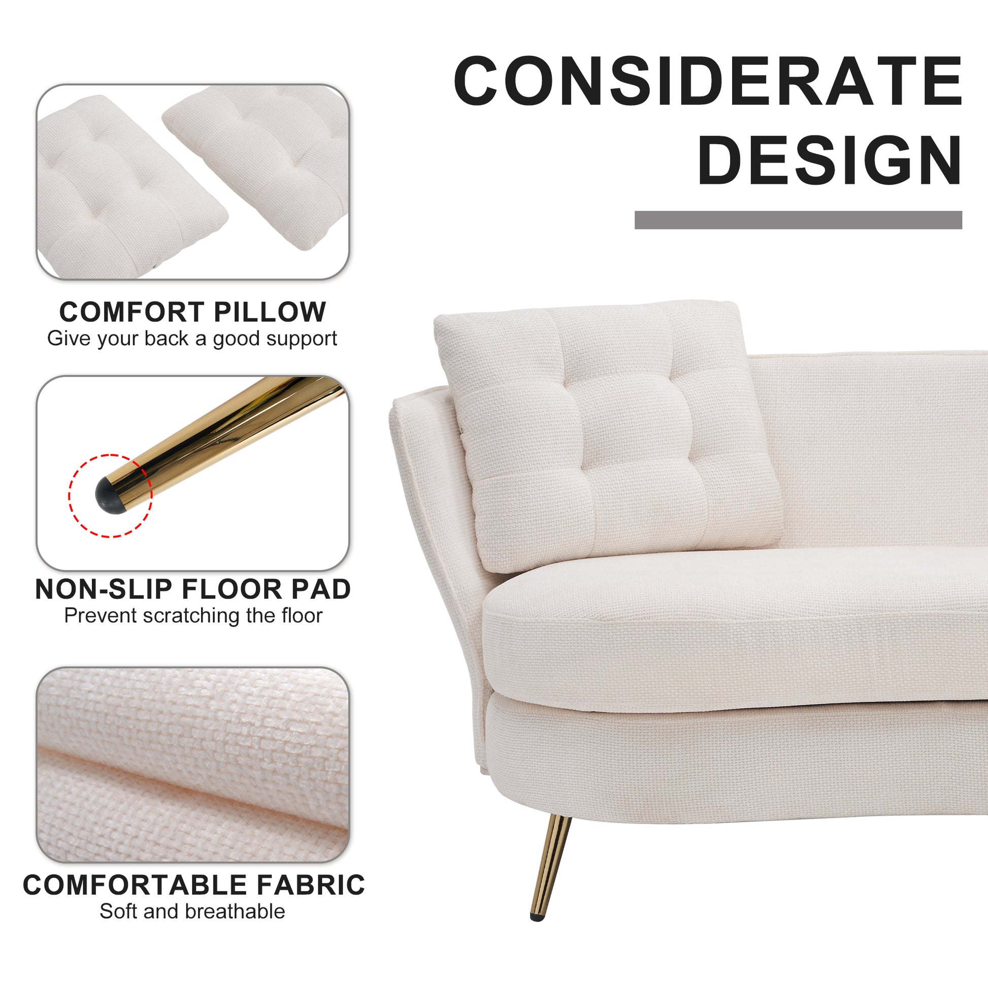 Polyester fiber Loveseat Sofa Upholstered Couch with Golden Metal Legs Club Two-Seat Sofa for Living Reading Room Bedroom Apartment Small Space Dorm,White.