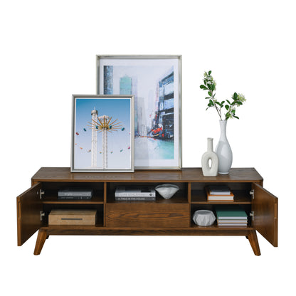 Mid Century Modern Fluted TV Stand for 65 inch TV, Entertainment Center with Storage, Farmhouse Wood Media Console for Living Room Apartment Office, Accent Table, 2 Door & 1 Drawer & Solid Wood Leg