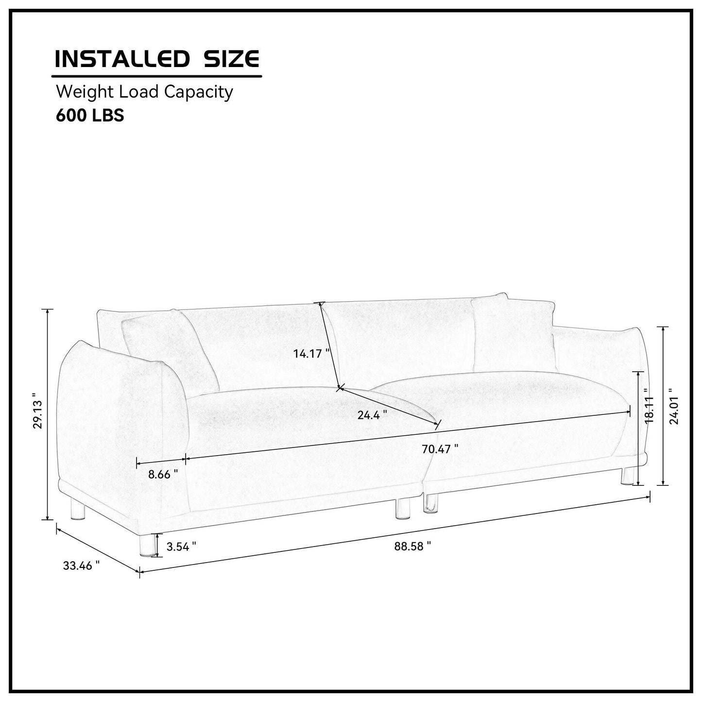 88.58" Sofa, Comfy Sofa Couch with Extra Deep Seats, Modern Sofa Bread-Like Sofa with 2 Pillows and Metal Feet with Anti-Skid Pads, DARK GREY.