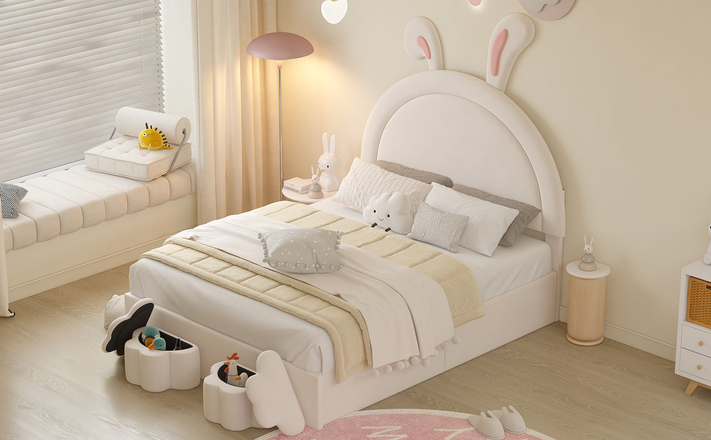 Full size Upholstered Rabbit-Shape Bed with 2 Storage Stools, Velvet Platform Bed with Cartoon Ears Shaped Headboard, White