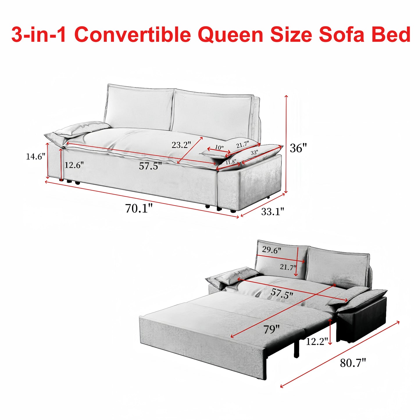 70.1" Queen Pull Out Sofa Bed, 3-in-1 Convertible Sleeper Sofa with 2 Soft Pillows,Multi-Functional Velvet Loveseat Bed,Grey (Old Sku:W1885P143788)